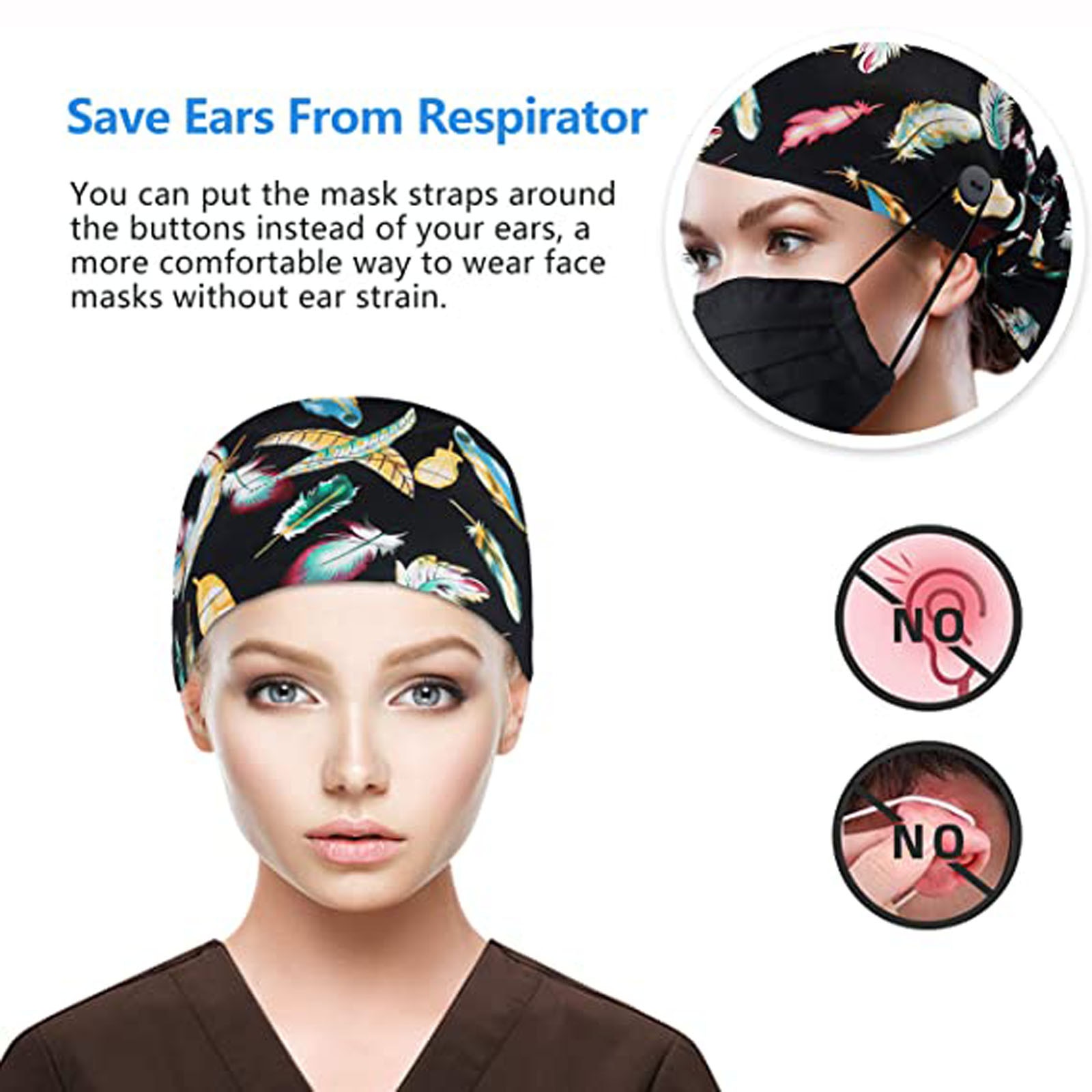 Unisex Cotton Printed Operating Room Hat Scrub Cap With Buttons Bouffant Hat With Sweatband For Womens And Mens Doctor Nurse Cap