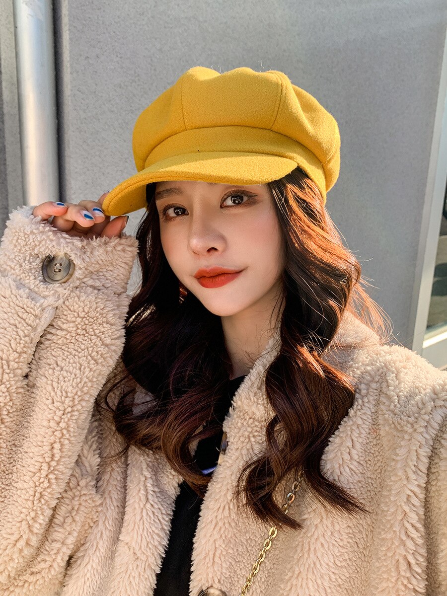 YQYXCY Winter Hats For Women Thickened Warm Beret Octagonal Hat Female Retro Painter Cap Solid Color Newsboy Cap Gorras Korean: yellow