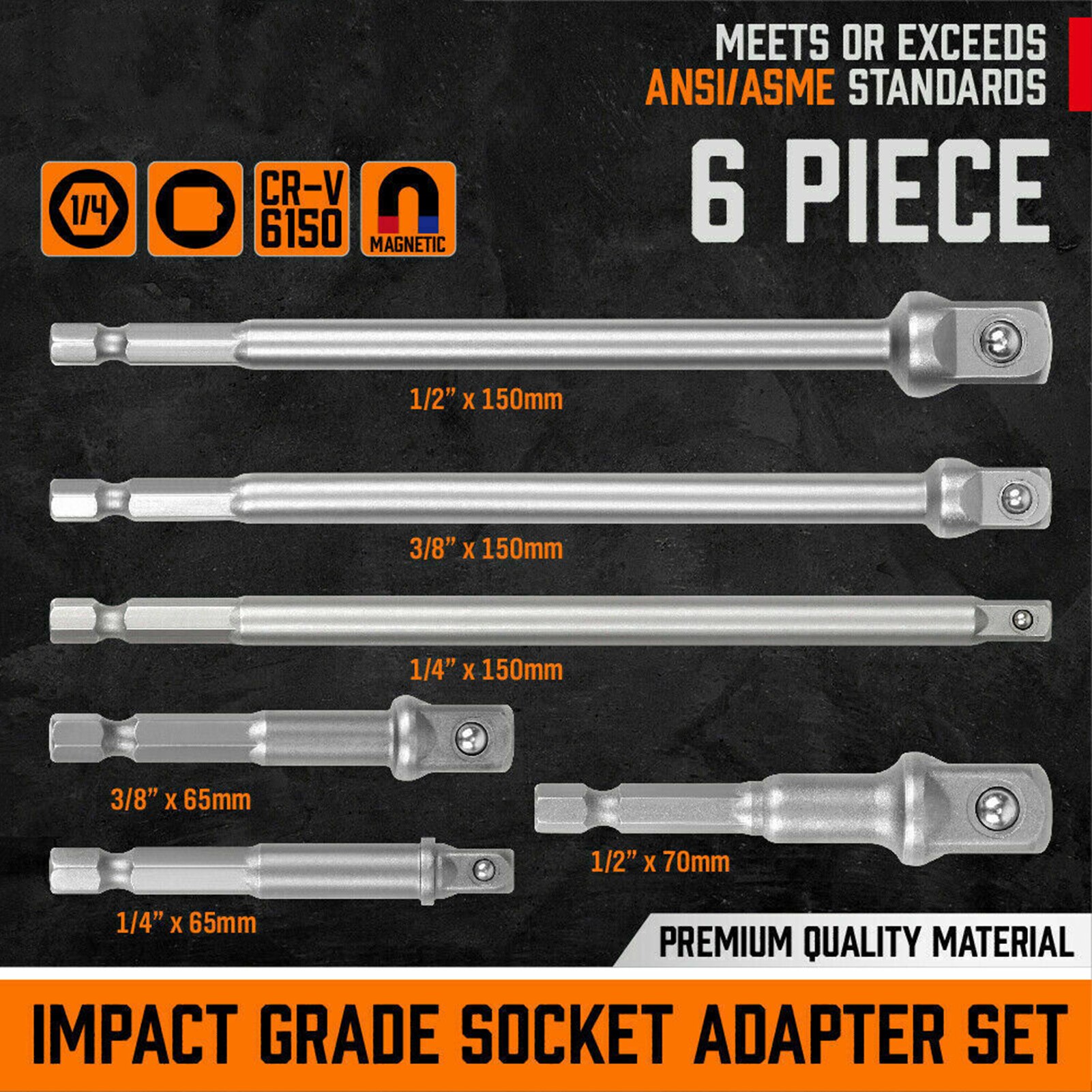 6Pcs 6'' & 3'' Impact Grade Socket Adapter Set 1/4'' 3/8'' 1/2'' Drive 1/4'' Hex Shank