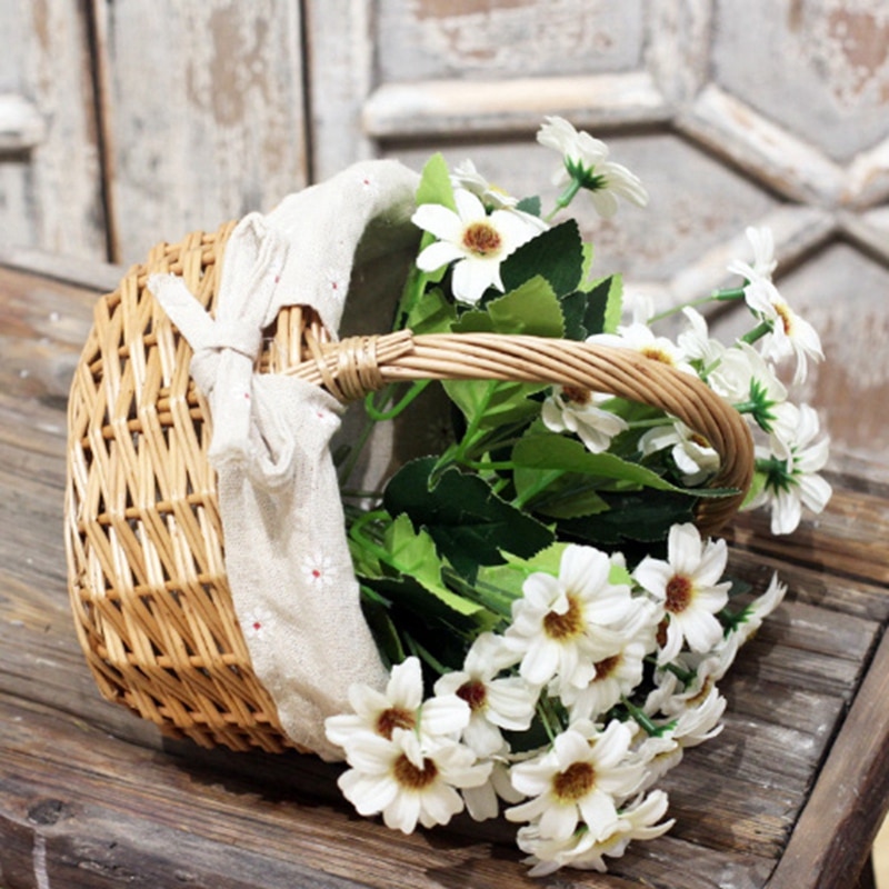 Cesta de mimbre tejida a mano de mimbre, cesta de mimbre de simulación de flor con un solo Mango, pequeña cesta de almacenamiento de frutas para de mano y jardinera de decoración del hogar