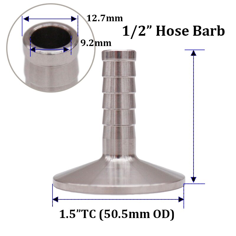 1.5" Tri Clamp x 1/2"(12.7mm)Hose Barb 50.5mm OD Sanitary 304 Stainless Steel Homebrew Beer & Craft Hardware