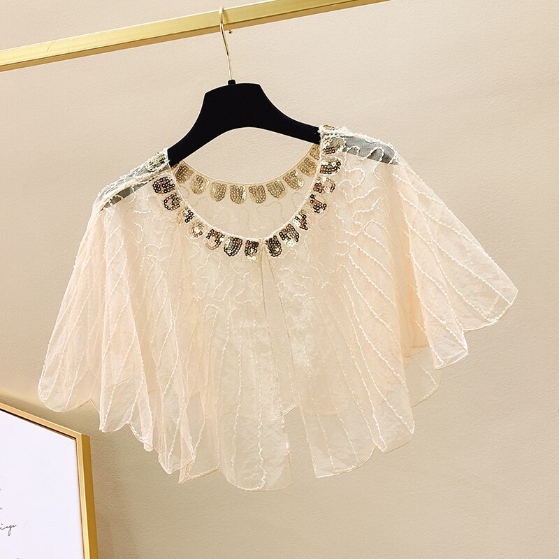 Free Size Sequined Summer Beaded Women Wedding Wedding Cape Red Beige Pink Blue White Black Bolero Cloak Shawl: Apricot