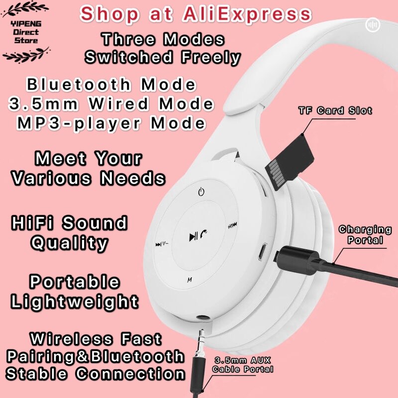 Macaron Wireless Over Ear Headset Bluetooth Headphone HiFi Stereo with Microphone Support TF Card MP3 Player Walkman