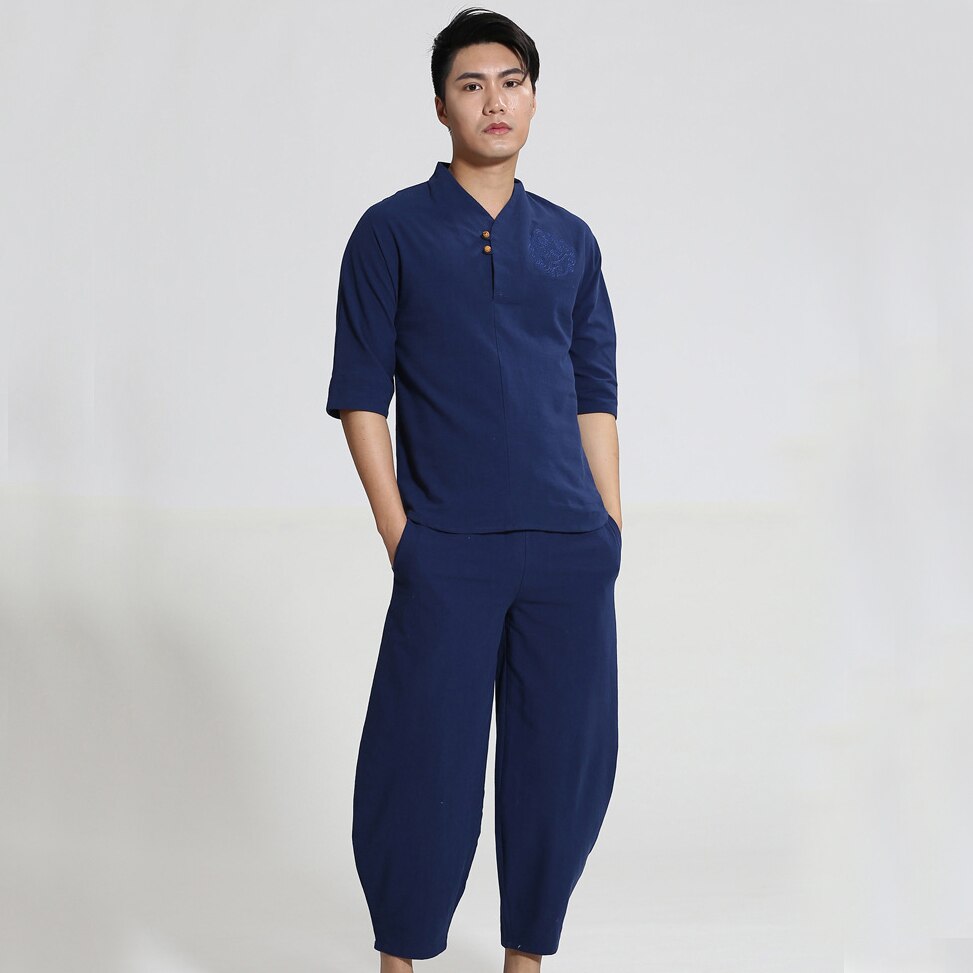 Stijl chinese mannen kungfu pak tai chi pak katoenen linnen overhemd & losse harembroek marineblauw ml xl xxl xxxl  m050