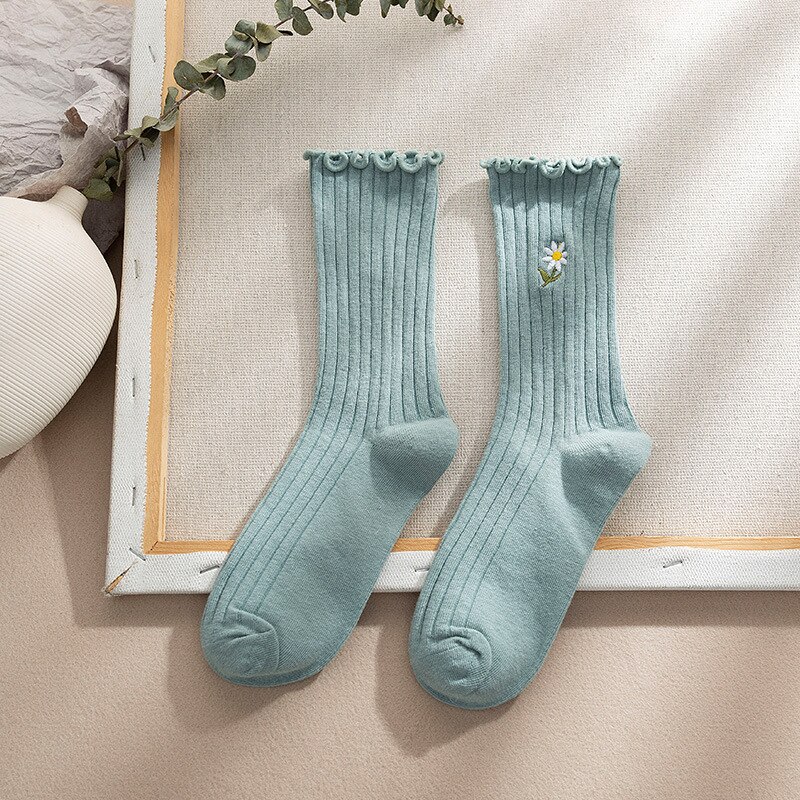 CHAOZHU Summer Spring Thin Loose Socks Daisy 8 Colors Long Women Sox Sweet Cute Cotton Knitting Rib Korea Japanese: green