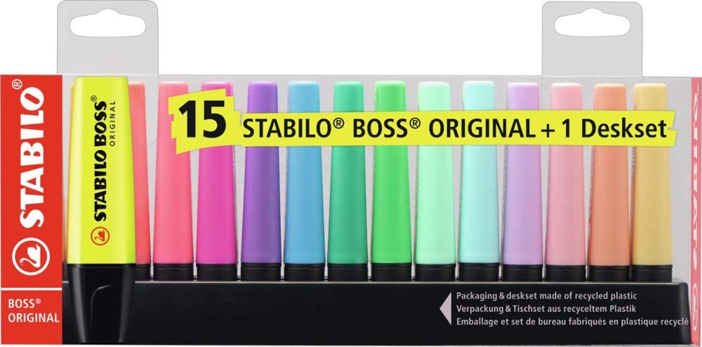 Originele Stabilo Boss Marker-Tafel Set Met 9 Fluorescerende Kleuren En 6 Pastel Kleuren