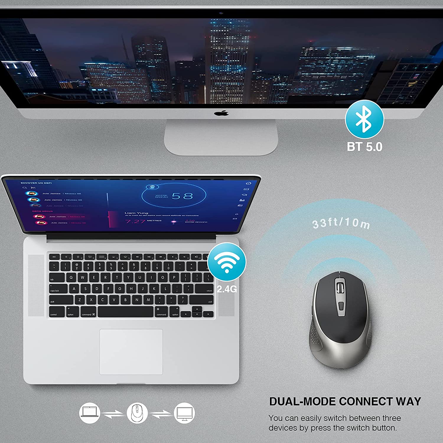 Mysz Bluetooth, bezprzewodowa mysz komputerowa z 6 przyciskami, 5 DPI i odbiornikiem USB, Laptop, Chromebook, PC, Macbook, ipad-black &amp; Grey