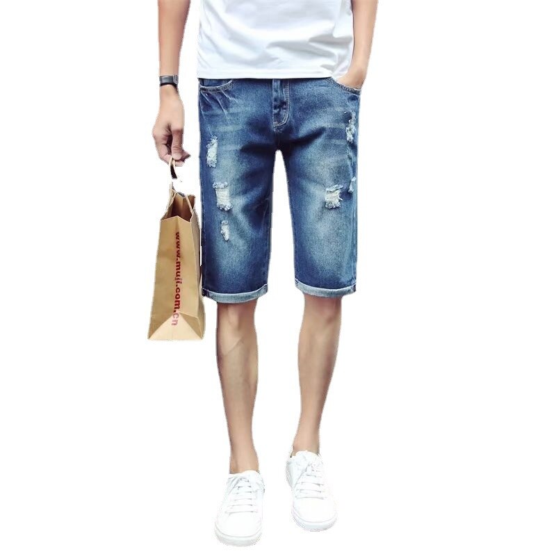 Heren Shorts Top Rechte Mannen Korte Jeans Gat Losse Jeans Ripped Denim Broek Gerafeld Mannen Knie lengte Jeans