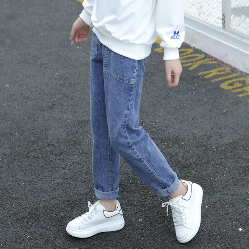 printemps automne bébé filles solide Jeans décontractés enfants à la pantalon ample taille élastique poches Patchwork pantalon Z30