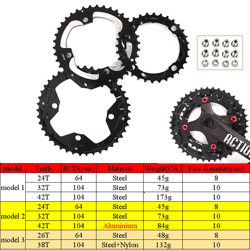 MTB Kettingbladen voor Bike BCD 104/64 Mtb Kettingblad 24/26/32/38/42t Dubbele /Triple 10Speed Chainwheel Fiets Accessoires