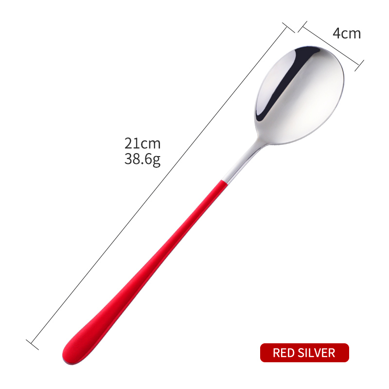 1PCS Korea Spoon Stainless Steel Soup Spoon Long Handle Gold Dessert Spoons Round Dinner Spoon Set Tableware Set: Red Silver
