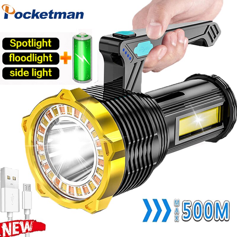 Powerful Flashlight USB Rechargeable Work Light Ultra Bright Torch Lamp Built in Battery Camping Led Flashlights With Side Light