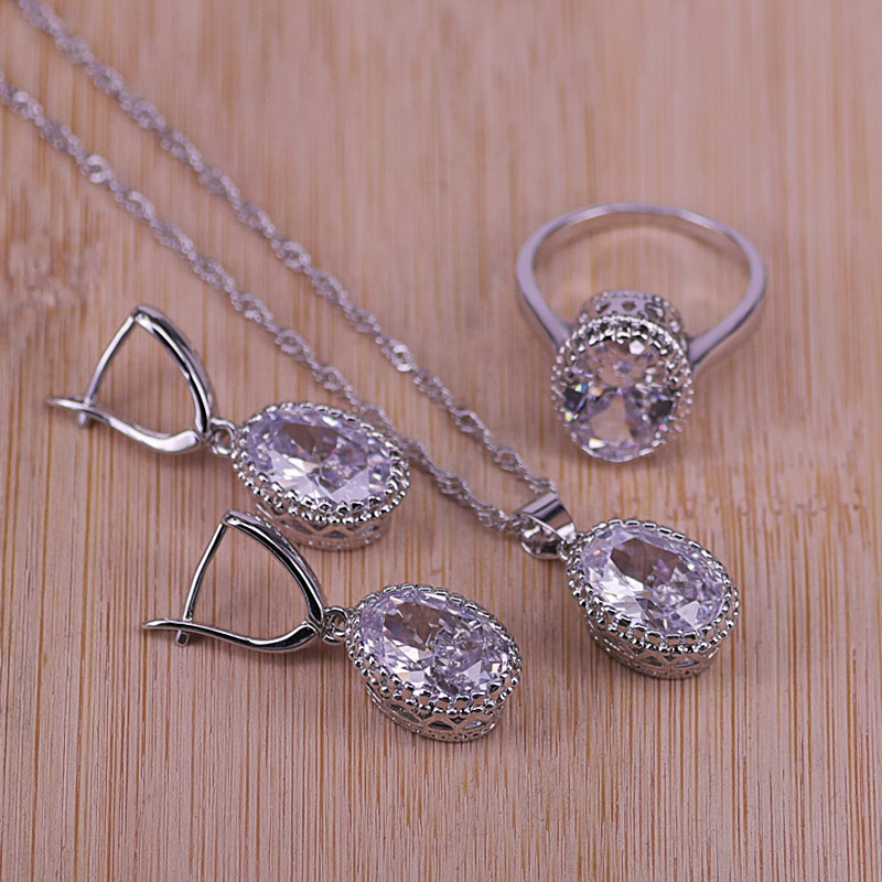 Big Oval Cubic Zirconia Silver Color Wedding Jewelry Sets Earrings Pendant Necklace Rings Size 6-10