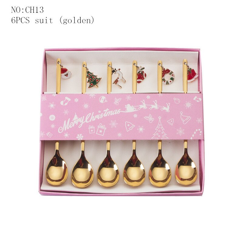 6Pcs Mengen Scoops Koffie Lepel Roestvrij Staal Mengen Roerder Suiker Dessert Ijs Kerst Servies Eetlepels: Golden