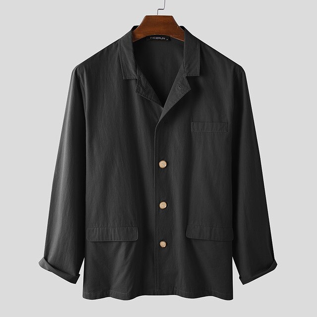 Incerun Mannen Casual Blazers Katoen Vlakte Streetwear Revers Bovenkleding Enkele Breasted Lange Mouwen Chic Mannen Leisure Suits 5XL: Black / 4XL