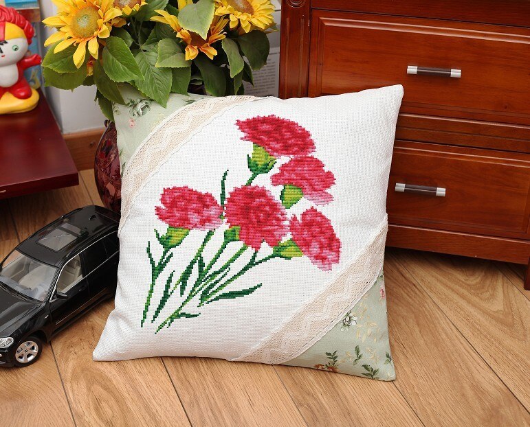 Kit de bordado artesanal de flores rosas, funda de almohada de hilo acrílico, tapiz de lona, Fundas de cojín de costura,: Carnation