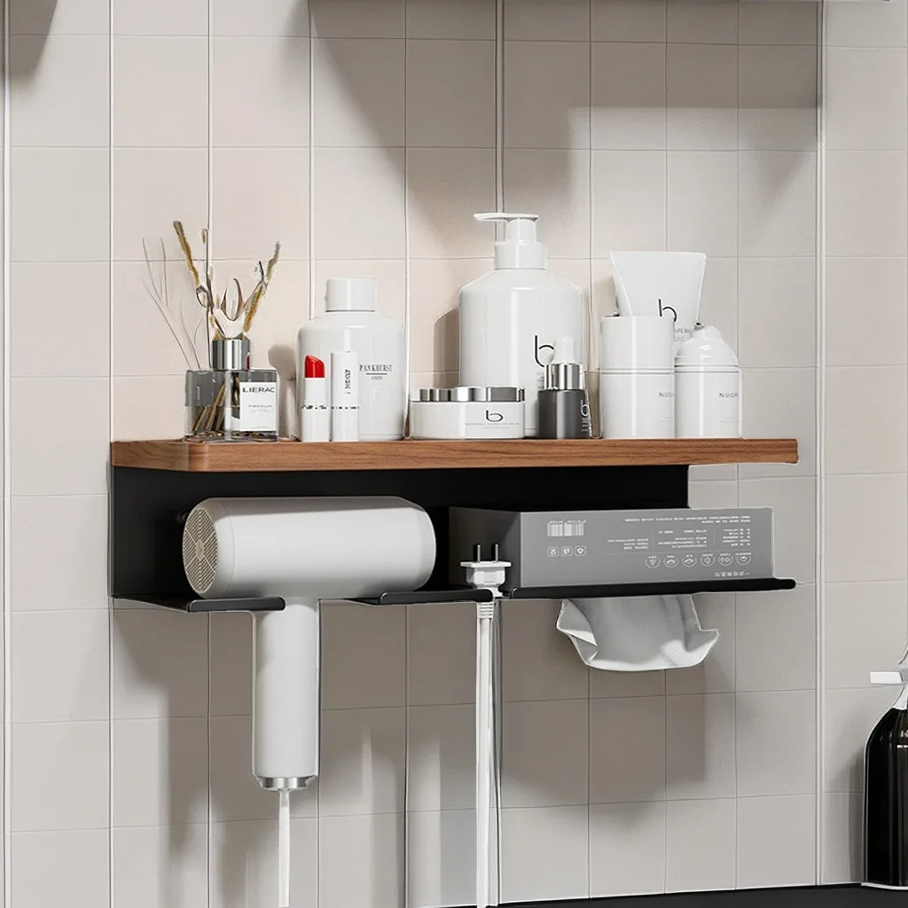 Houten badkamerplanken set, douche-organizer plank, houten wandbadplank, haardroger houder, hoekplank wasruimte hoekplank: Oranje