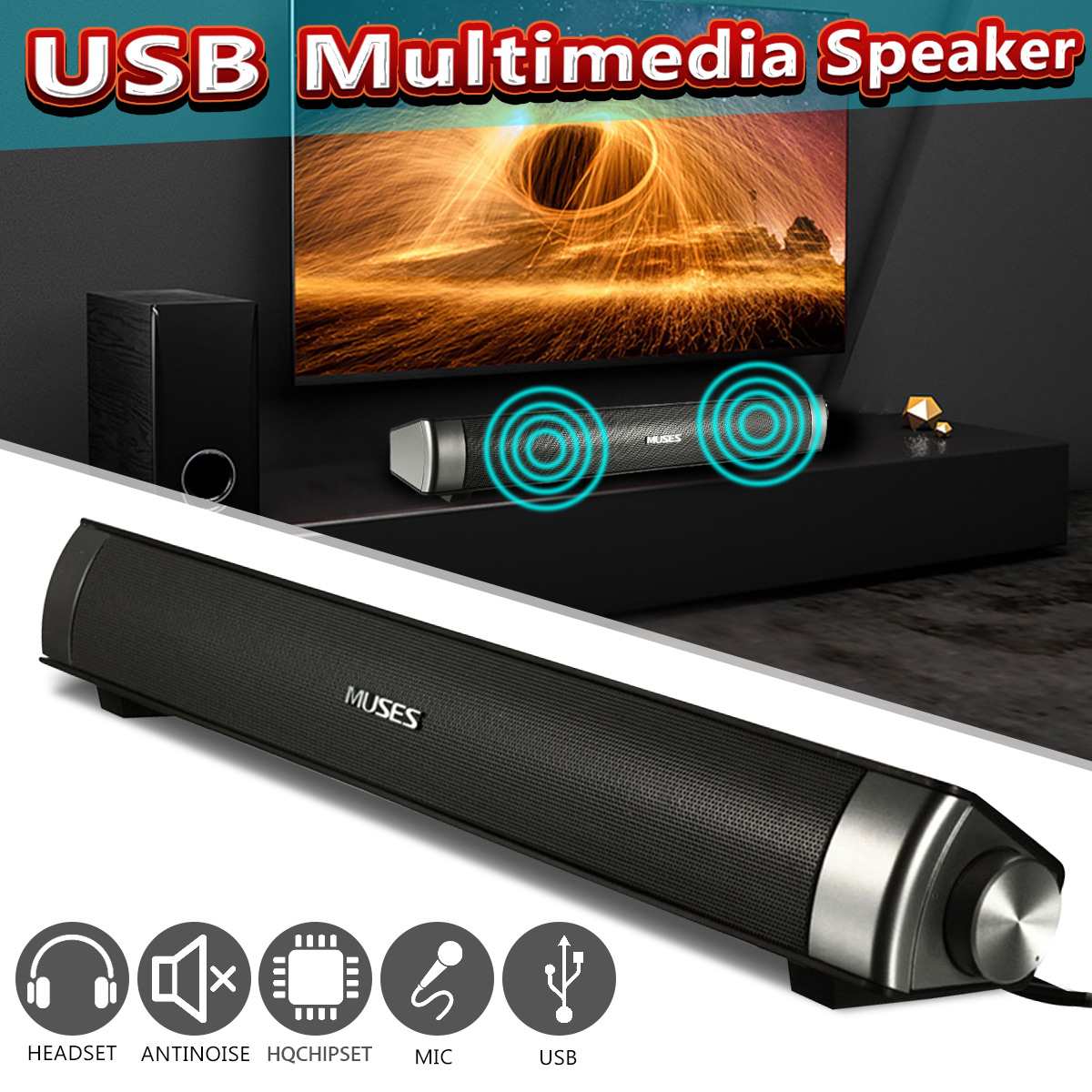 Multimedia Audio HIFI Stereo Wired Soundbar Speaker System 6W USB Sound Bar For Computer PC Laptop Desktop Smart Phone