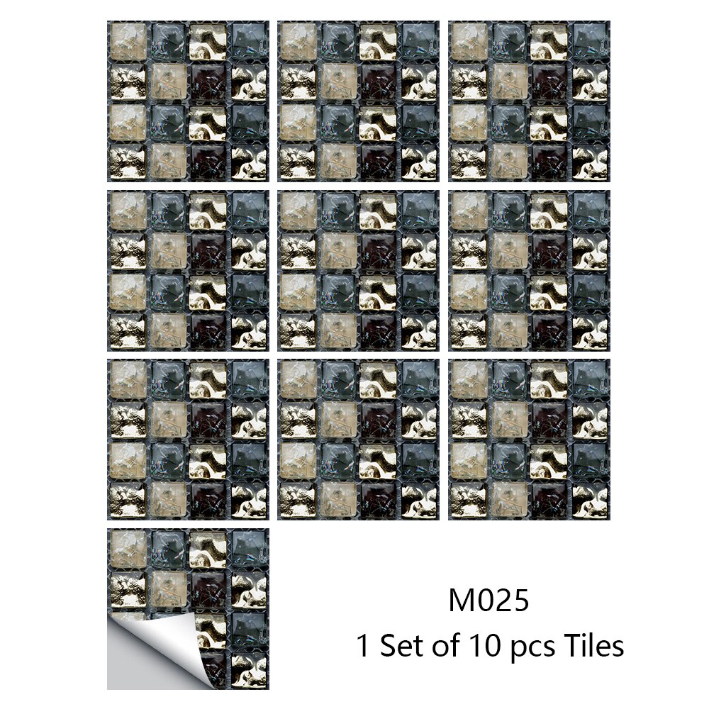 Pegatinas de pared de azulejos de mosaico de mármol, cubiertas planas impresas en 2D para cocina, baño, pelar y pegar, Mural de arte impermeable, 10 piezas: M025 / 10cmX10cmX10pcs