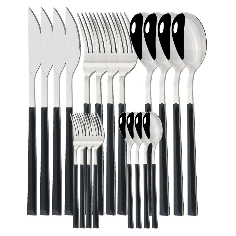 20Pcs Zilveren Houten Handvat Westerse Servies Set Roestvrij Stalen Bestek Set Mes Vork Lepel Theelepel Diner Servies Set: A Black Silver