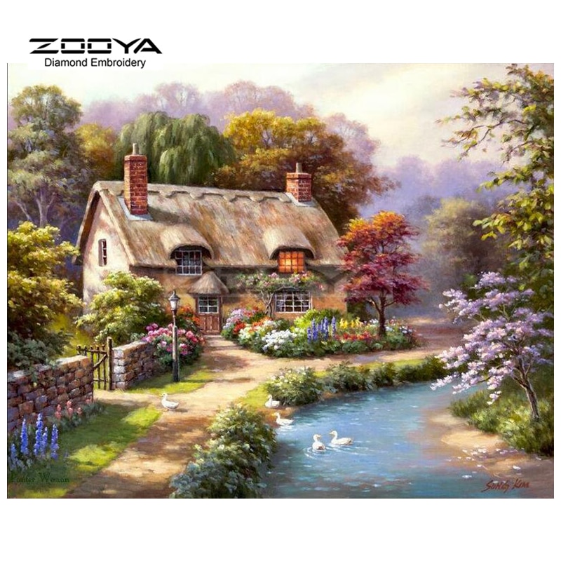 ZOOYA Diamond Embroidery 5D Diamond Painting Cabin Forest Tree Water Swan Diamond Painting Cross Stitch Rhinestone Mosaic BJ1661