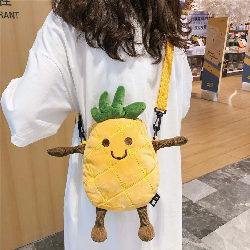 Leuke Handtas Aardbei Biscuit Ananas Avocado Pluche Dames Schoudertas Meisje Crossbody Mini Messenger Bag Flap Borst Zak