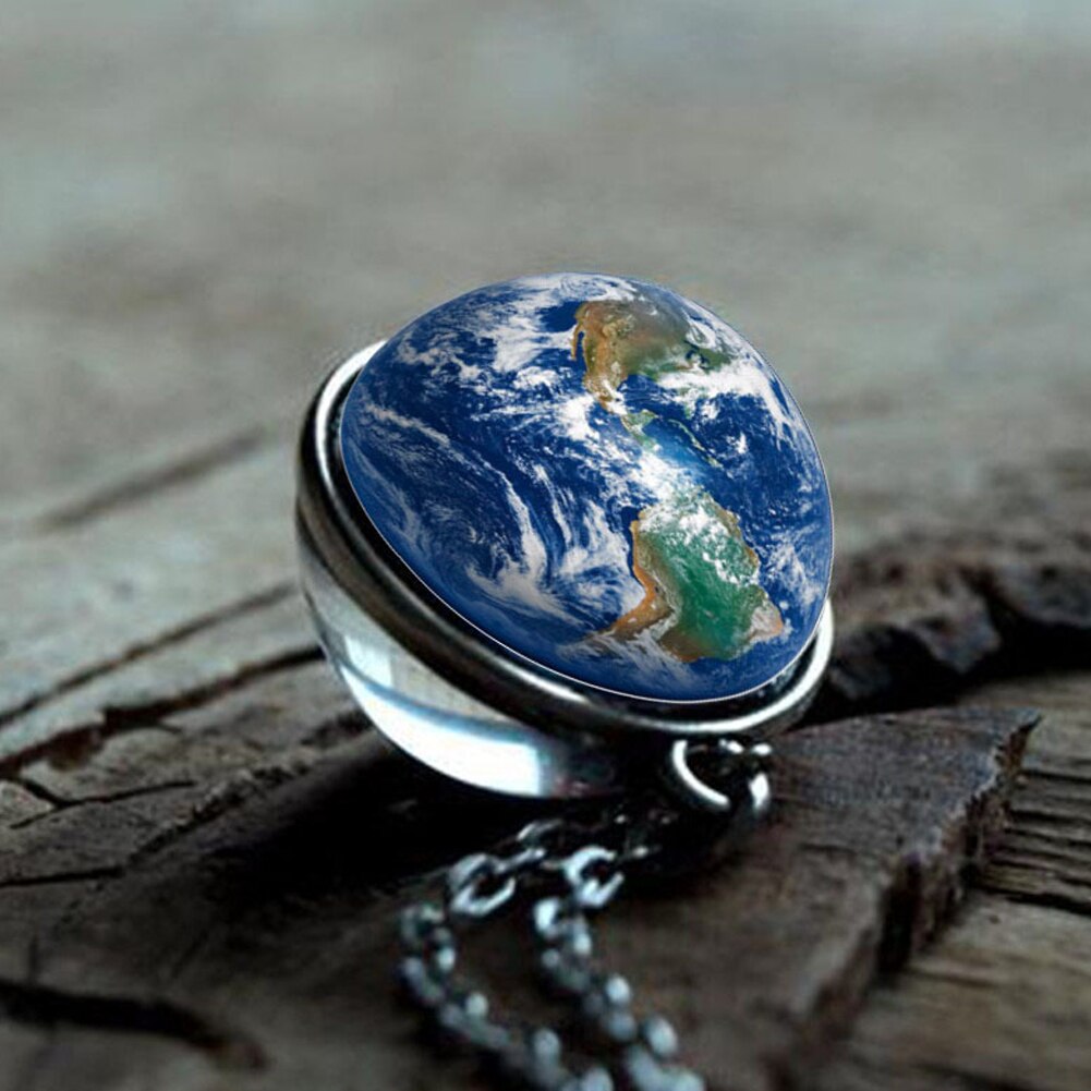 Personality Double Side Glass Ball Necklace Earth Planet Pattern Jewelry Galaxy Astronomy Pendant Necklace for Men