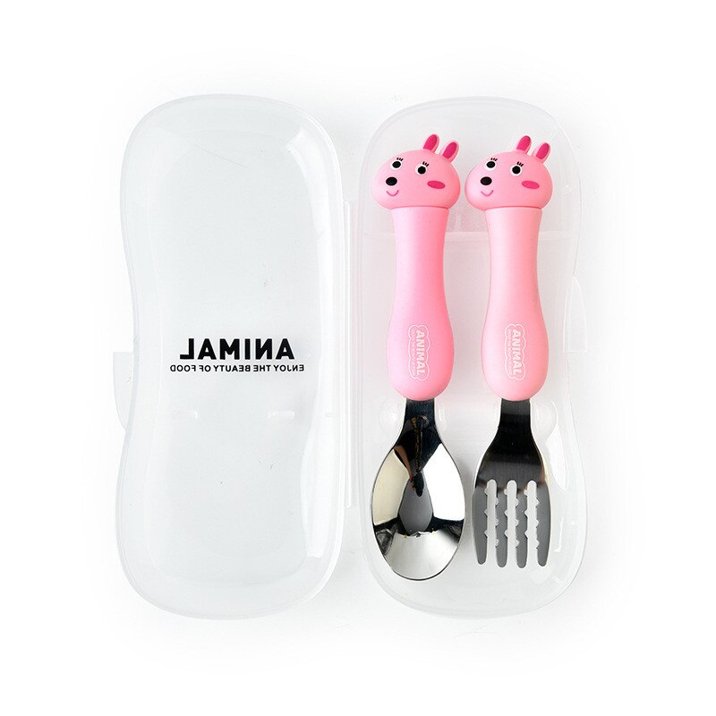 Baby Feeding Material Cartoon Cutlery Suit Student Stainless Steel Tableware Animal Fork Spoon Set Utensils Eating Gadgets: Rabbit