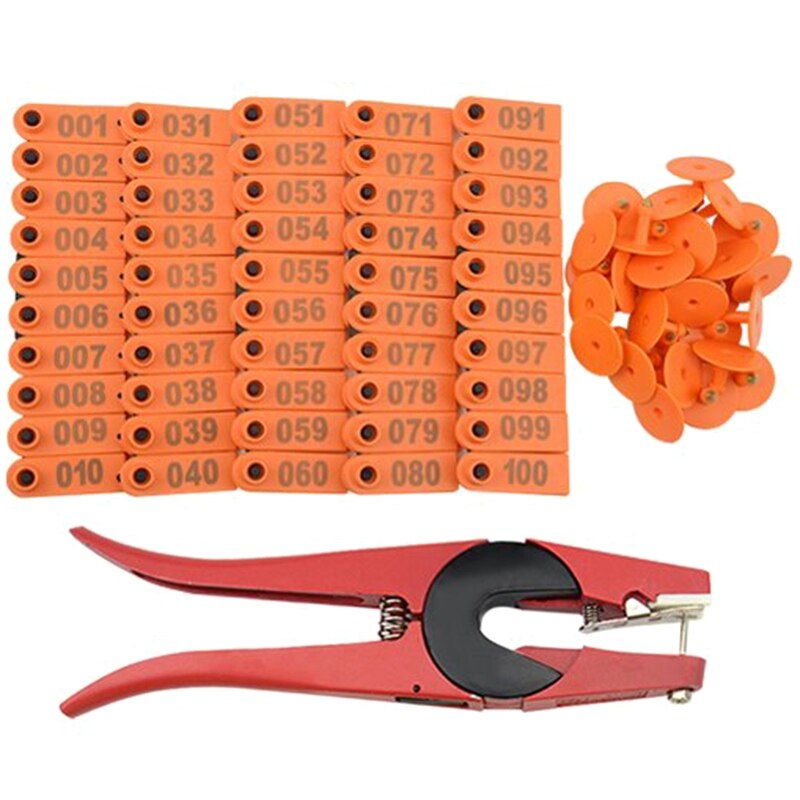 100 étiquette d'oreille de bétail en plastique 1-100 étiquette animale et 1 étiquette d'oreille ensemble d'étiquettes pour la gestion du bétail marquage Orange + rouge