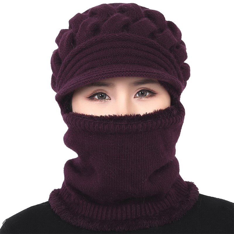 Dames winter warme wollen muts met dikke bib masker en gehoorbescherming muts dames warme gebreide wollen muts stofdichte fietsmutsen: E769638