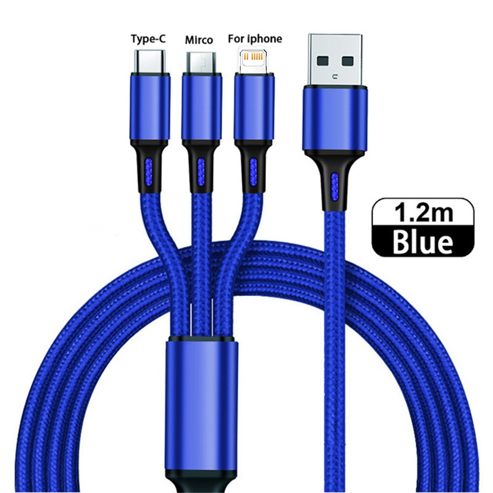 3 In 1 Micro Usb Type C Lader Kabel Multi Usb-poort Meerdere Usb Oplaadsnoer Usbc Mobiele telefoon Draad Voor Samsung S10: Blue