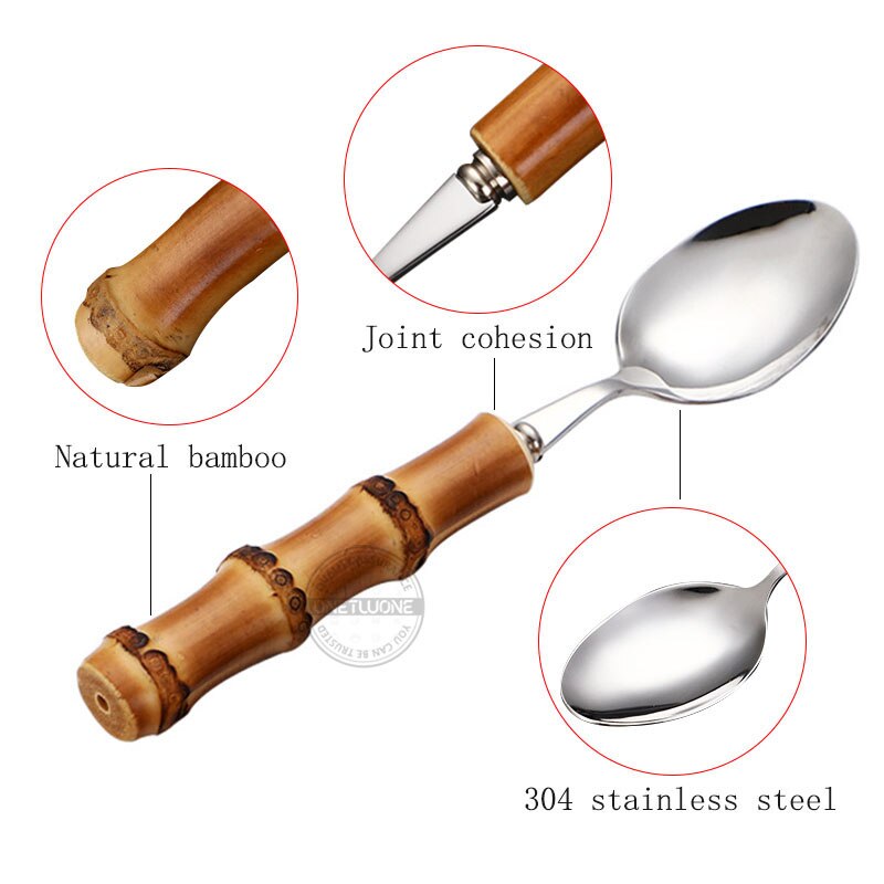Juego de cubiertos con mango de bambú Natural, vajilla de acero inoxidable, vajilla de cocina, incluye tenedores, cucharas, cuchillos