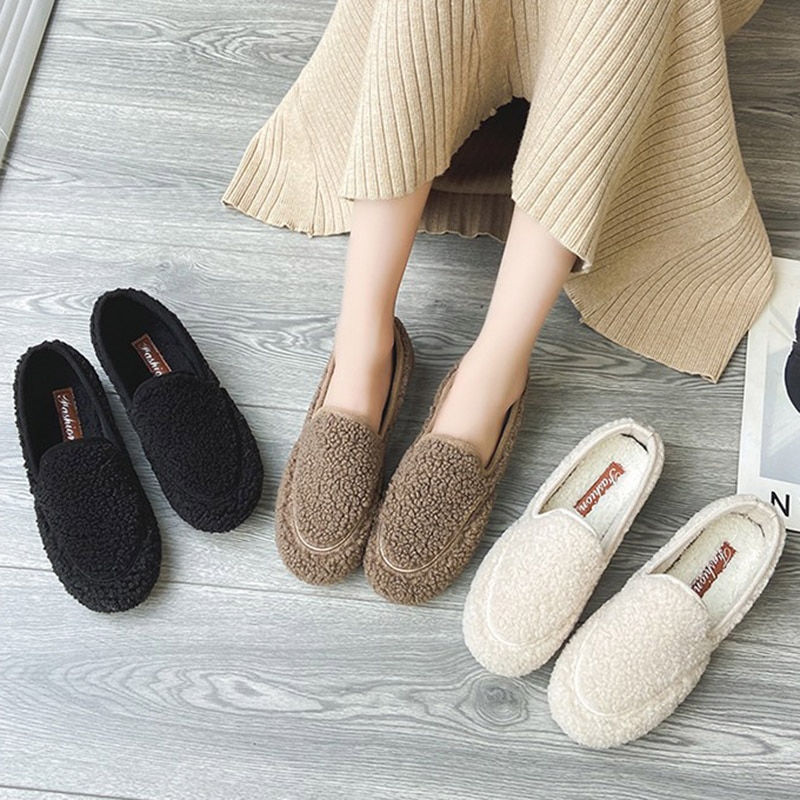 Vinter kvinnor loafers lamm ull skor kvinna lägenheter slip on skor päls bigh varm dam skor svart brun båt sko 8556l