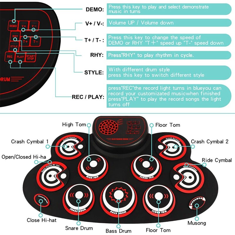 Electronic Drum Set - Practice Drum Pad Roll Up Potable Drum Kit with Headphone Jack Built-in Speaker Drum Sticks