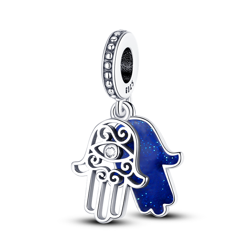Hamsa-abalorios de mano de plata 925 auténtica, amuleto de mano de fátima con ojos azules de la suerte, compatible con pulsera Original, joyería: KTC066