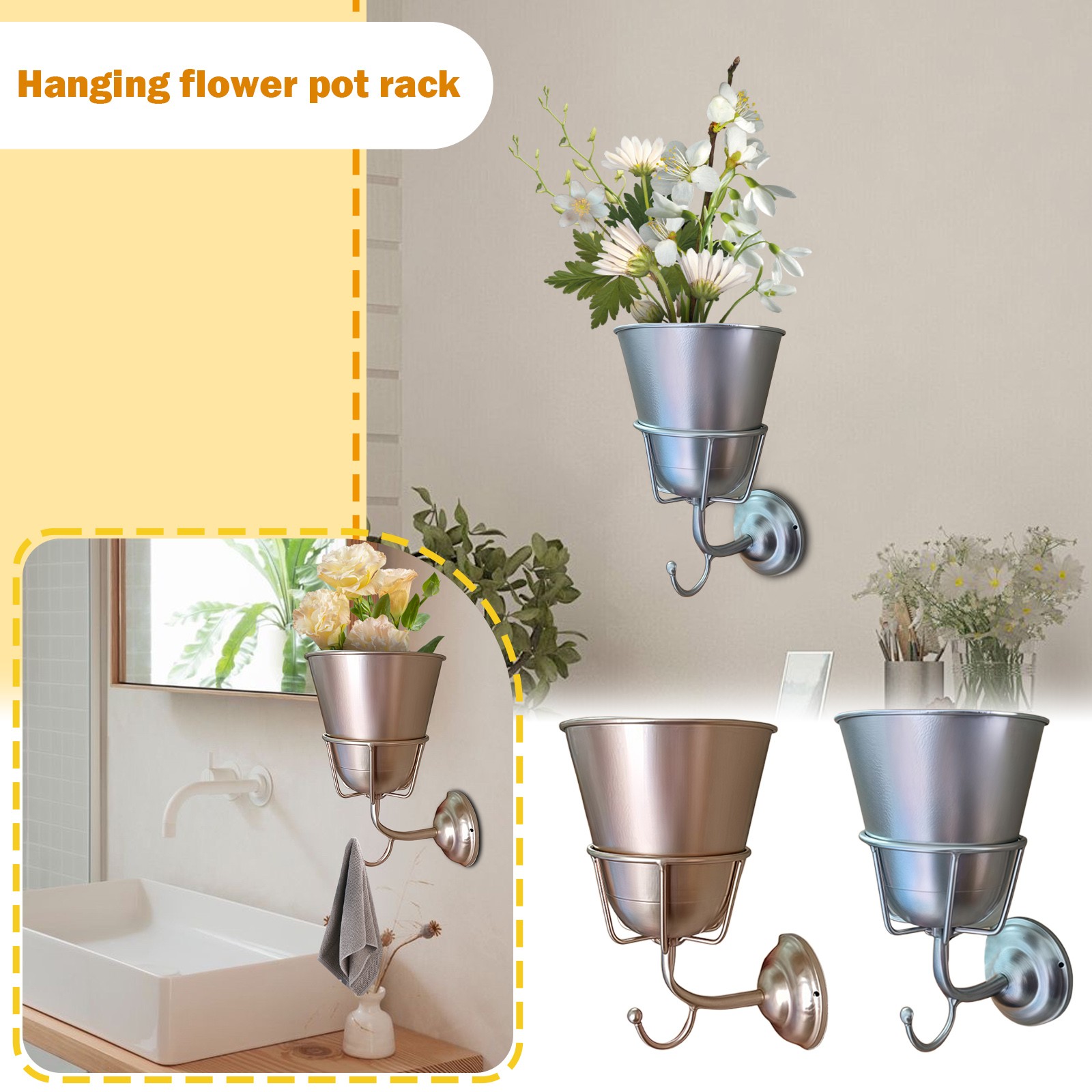 Metal Wall-mounted Hook Flower Pot Rack Stainless Steel Vintage Porch Balcony Wall Hanging Plant Holder Decoration