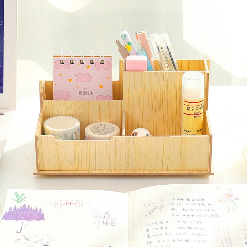 wood pen holder Office sundry sorting box table top cosmetic storage container stationery