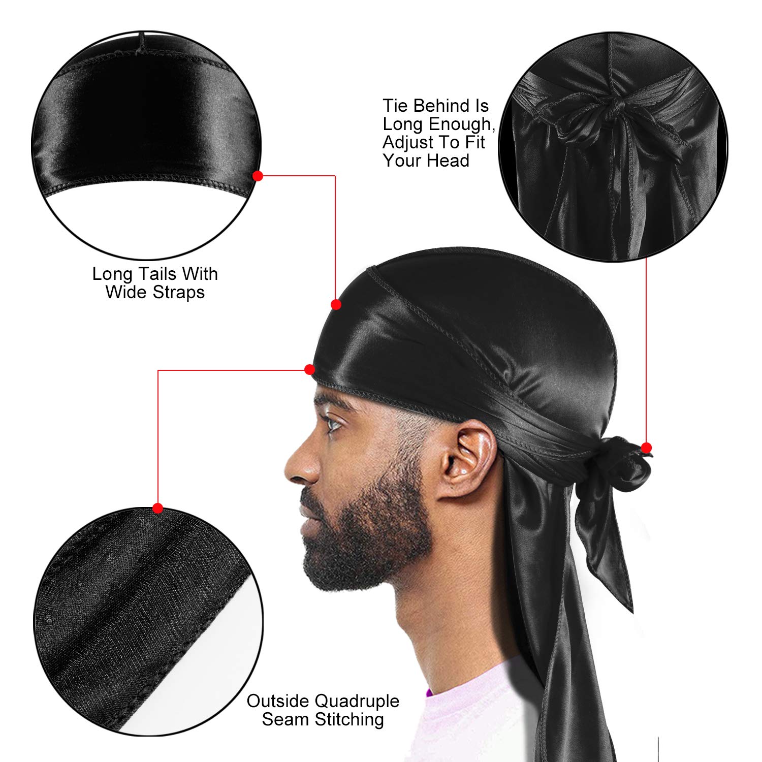 Men's Silk Durag Shower cap Bandana Silky Du Rag Doo Rag Long Tail Waves Cap