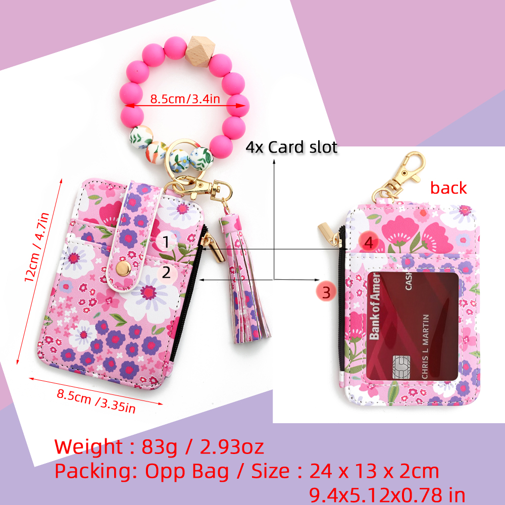 Silicone bead pu leather key chain wristlet id credit card holder keychain wallet for women Pink Flower Print Wallet