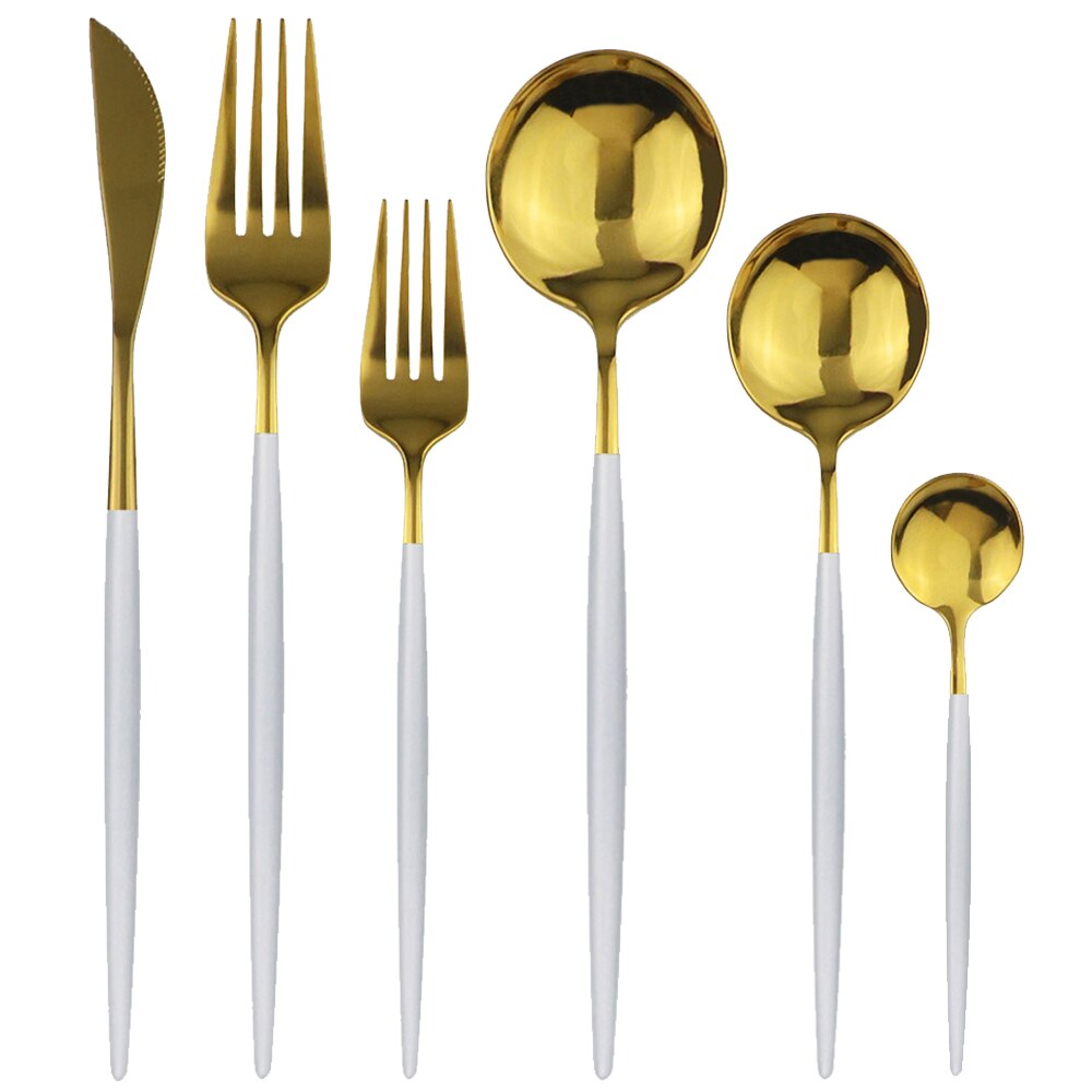 6Pcs Red Flatware Set Knife Fork Spoon Cutlery Set 304 Stainless Steel Dinnerware Set Mirror Green Gold Tableware Set Silverware: White Gold
