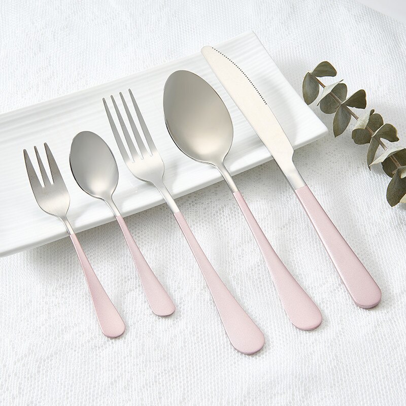 Guld bordservice gyldent bestik sæt rustfrit stål gafler knive skeer sort spisestel sæt gaffel ske kniv sæt: Pink sølv 5 stk