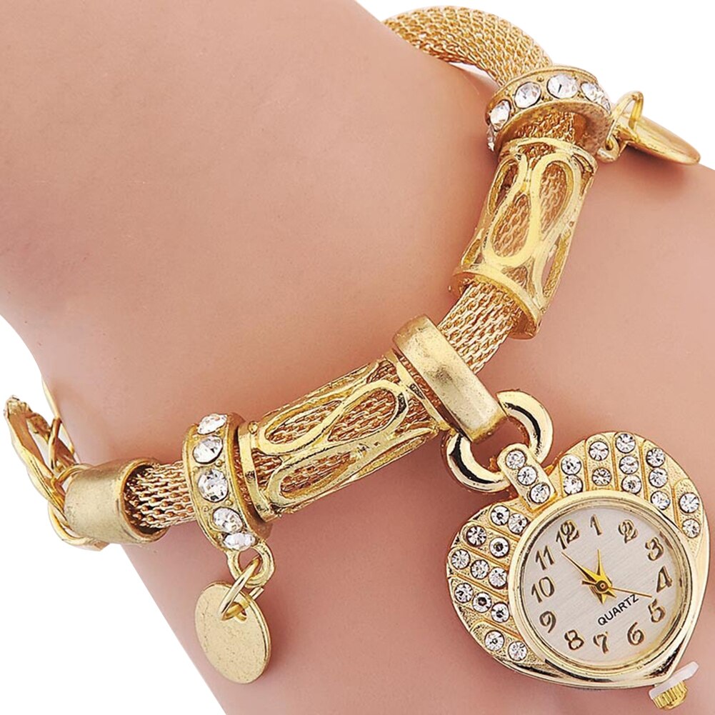 Women's Love Heart Bracelet Watch Charm Band Analog Quartz Wrist Watch: Golden