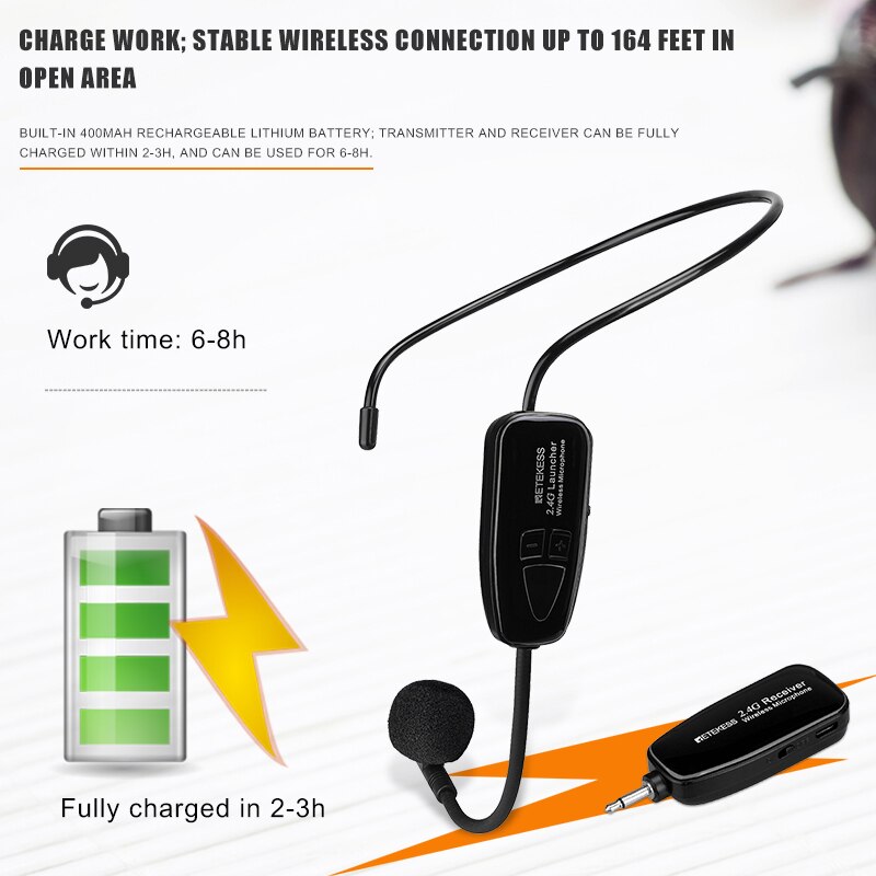 Retekess TT123 2.4G Head-Mounted Draadloze Microfoon Zender Met Ontvanger Voor Voice Versterker Luidspreker Onderwijs Tour Guide