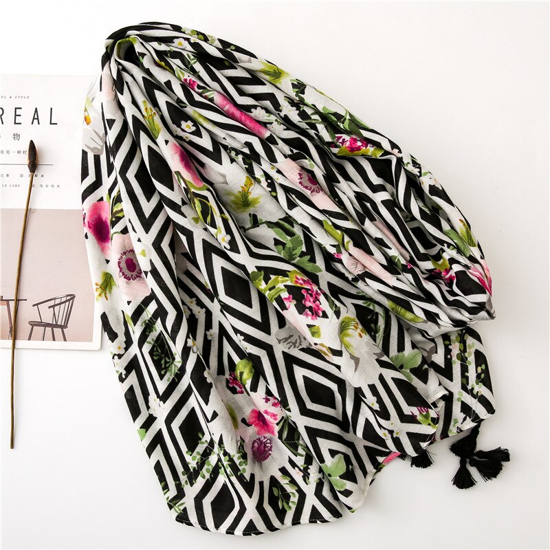 Kvinnor halsduk blommig geometrisk etnisk huvudsjal hijab stor filt wrap lång tofs sjal