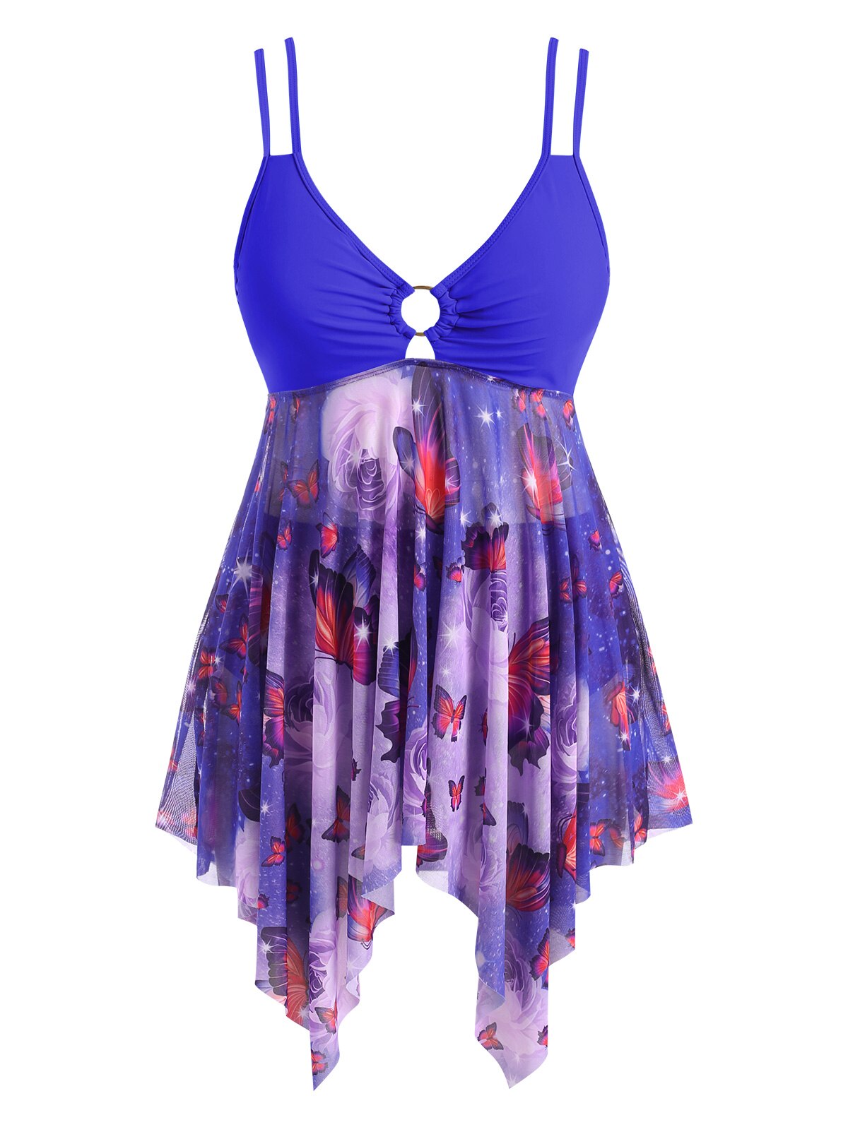 Plus Size Bikini Beachwear 2022 O-Ring Vlinder Print Tankini Badmode Met Padded Hoge Waisted Zakdoek Tweedelige Badpak: Purple / 5X