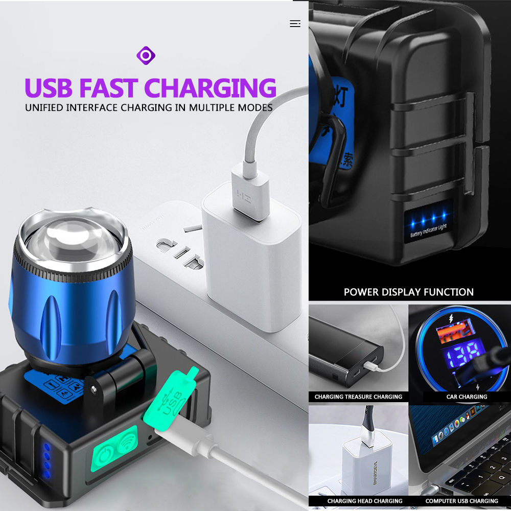 UV LED Purple Headlamp 395nm Battery built-in USB Charger Sensor Headlight Torch Head Catching Scorption Torch Headlamp