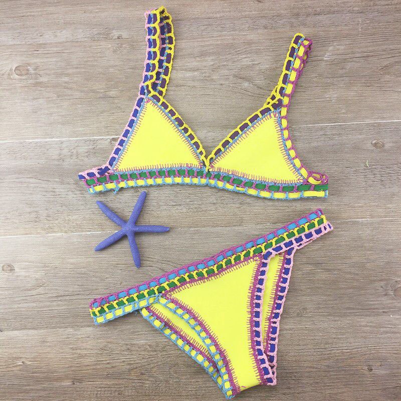 Women's Bikini Hand Crocheted Knit Patchwork Swimsuit Women Swimwear Beach Vacation Halter Top Maillot Biquini Bathing Suits