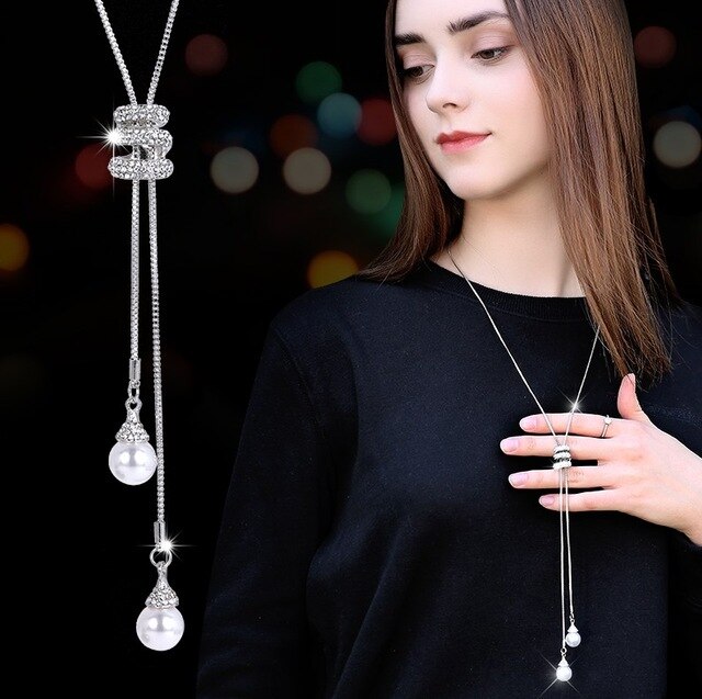 Luxury Long Chain Necklaces & Pendants for Women Waterdrop Gray Crystal Necklace Female Collier Femme Party Jewelry: S3-3 Circles