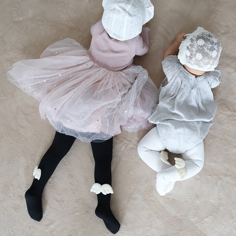 Adorável menina meia-calça anjo asas bebê cor sólida meias arco-nó fruta respirável malha algodão meias