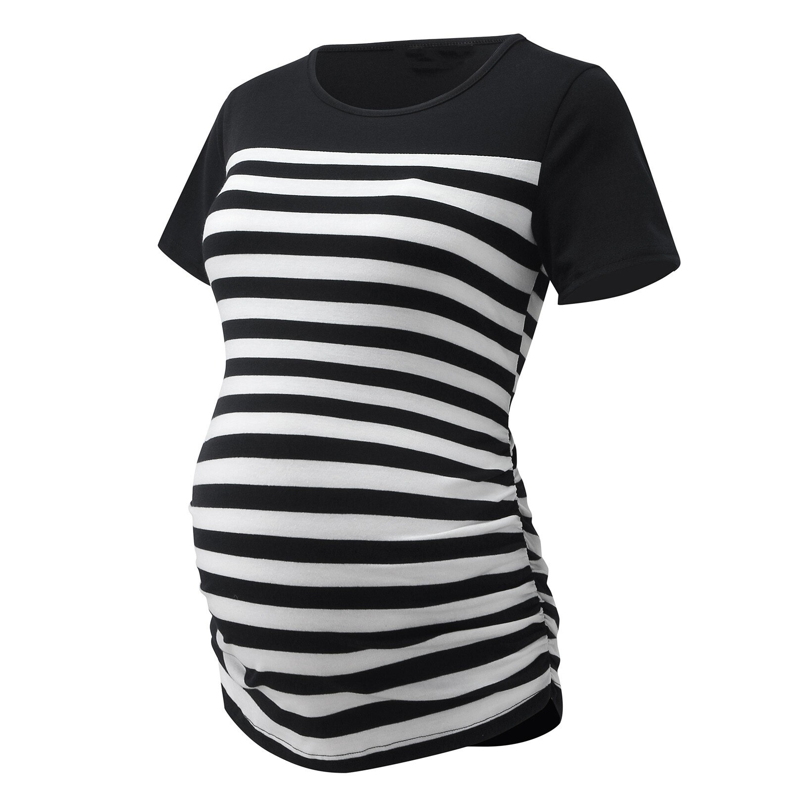 Ciążowa dla kobiet na co dzień z krótkim rękawem w paski z nadrukiem T Shirt topy w ciąży bluzka tunika lato w stylu Casual, w paski koszulka ciążowa: Black / S